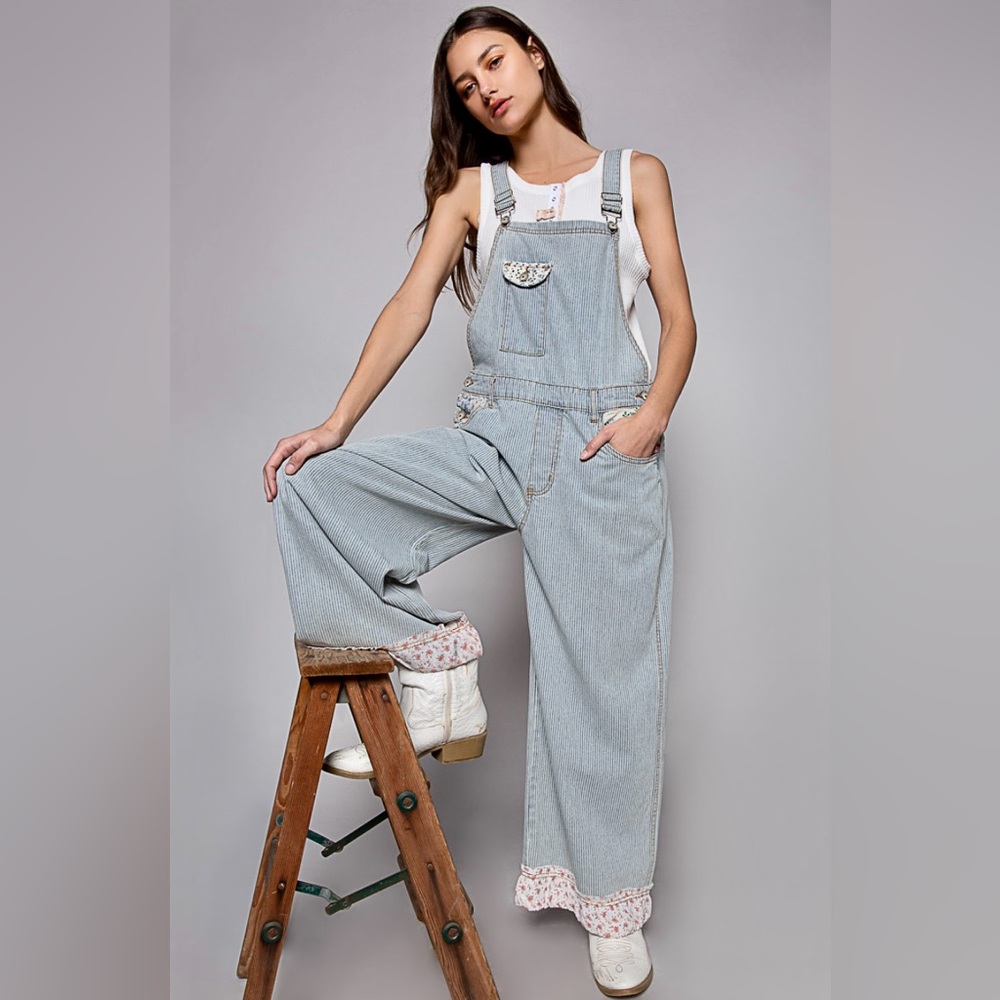 POL Vintage Washed Front Pockets Floral Patches Overalls